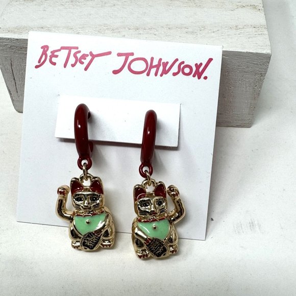 Betsey Johnson Lucky Cat Earrings Goldtone HoopsEnameled NWT